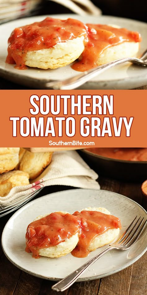 This easy recipe for Southern Tomato Gravy is the perfect complement for homemade biscuits, scrambled eggs, grits, etc.! The video has some great tips for saving bacon grease as well! Tomato Gravy Recipe, Homemade Gravy Recipe, Southern Cooking Recipes, Tomato Gravy, Homemade Gravy, Comfort Food Southern, English Muffins, Homemade Biscuits, Southern Cooking