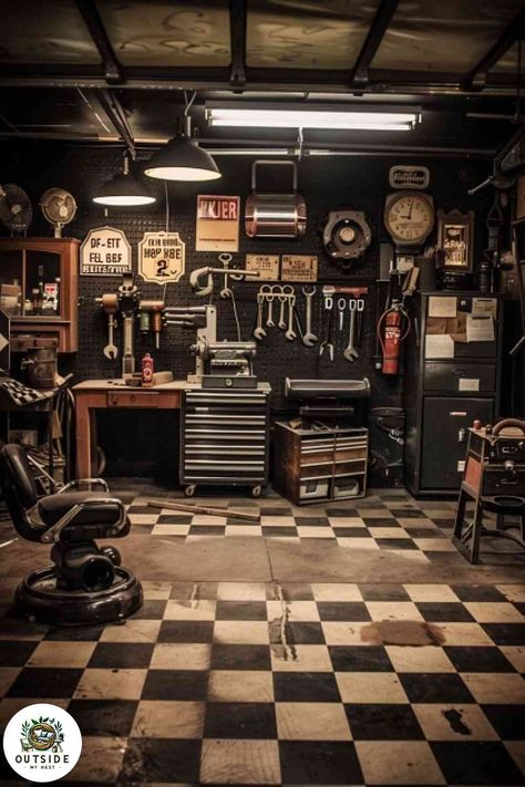 Motorcycle Mechanic Garage, Vintage Mechanic Shop, Harley Garage Ideas, Car Workshop Ideas, Car Garage Aesthetic, Vintage Auto Shop, Victorian Garage, Vintage Garage Ideas, Harley Garage