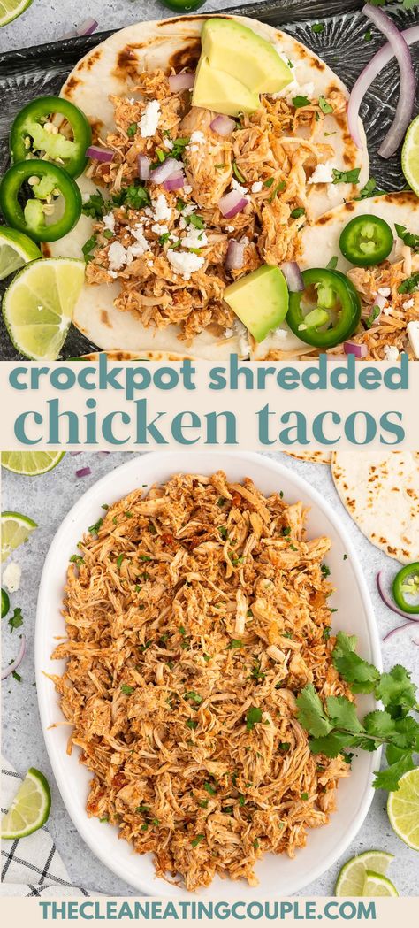 An easy, healthy recipe for Crockpot Shredded Chicken Tacos! Let your slow cooker do the work for dinner tonight and enjoy delicious shredded chicken tacos with salsa! Salsa Taco Chicken Crock Pot, Keto Chicken Tacos Crock Pot, Crockpot Chicken Recipes Tacos, Pulled Chicken Tacos Crock Pot Recipes, Slow Cooker Shredded Chicken For Tacos, Healthy Crockpot Pulled Chicken, Healthy Shredded Chicken Recipes Crockpot, Crockpot Shredded Chicken Meal Prep, Chicken Crockpot For Tacos