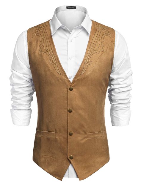 PRICES MAY VARY. HIGH QUALITY-This Men's Cowhide Suede Vest ,high quality fabric blend made; Soft, elastic resistant washing and durability. DESIGN- Men's Leather Vest ,Authentic western style leather vest, with well make, design perfect details ,front have four Button Closures and two real welt pockets. This Suede Satin Vest ,suitable for work,party,ball,wedding,date,daily look ，rider......from working the ranch to working a cocktail party! Men's waistcoat vest can match with dress shirt, jacke Suede Vest Outfit, Mens Western Style, Western Vest, Mens Waistcoat, Leather Suit, Suede Vest, Vest Waistcoat, Men Suede, Casual Vest