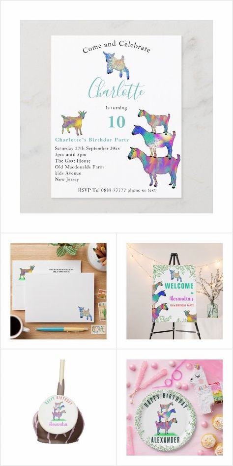 Goat Birthday Party, Goat Birthday, Printable Downloads, Farm Kids, Animal Baby, Baby Goats, Let The Fun Begin, Custom Templates, Watercolor Splash