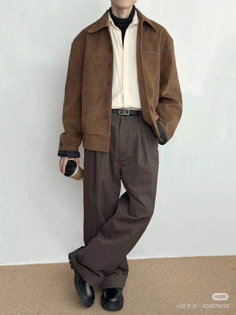 Men’s Brown Jacket Outfit, Brown Jacket Men Outfit, Navy And Brown Outfit, Jacket Brown Outfit, Oversized Shirt Men Outfits, Work Jacket Outfit, Brown Jacket Outfit Men, Brown Jacket Outfit, Contrast Outfit