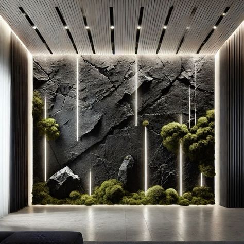 Greenwall Interior Design, Indoor Vertical Garden Wall, Organic Ceiling Design, Black Stone Wall, Car Porch Design, Drawing Room Furniture, Vertical Garden Indoor, Indoor Waterfall, Vertical Garden Wall