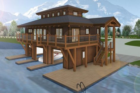 Cottage Boathouse, Stilt House Plans, Boathouse Design, Vertical Siding, House On Stilts, Lakeside Cottage, Lakefront Property, Open Concept Floor Plans, Cedar Shingles