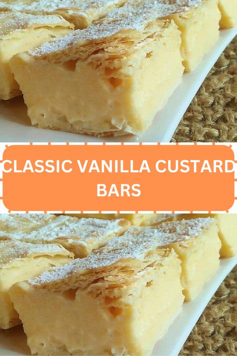 CLASSIC VANILLA CUSTARD BARS - WEEKNIGHT RECIPES Vanilla Custard Bars With Puff Pastry, Fail Proof Egg Custard 12 Tomatoes, Custard Eclairs, Vanilla Custard Bars, Egg Yolk Custard, Egg Custard Recipe, Custard Bars, Baked Egg Custard, Pastry Recipes Dessert