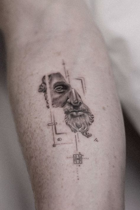 Grey Realism Tattoo, Minimal Greek Tattoo, Greek Mythology Tattoos Thigh, Marcus Aurelius Tattoo Design, Greek God Tattoos For Men, Microrealism Tattoo Men, Greek Mythology Tattoos Men, Simple Greek Tattoos, Tattoos Greek Mythology