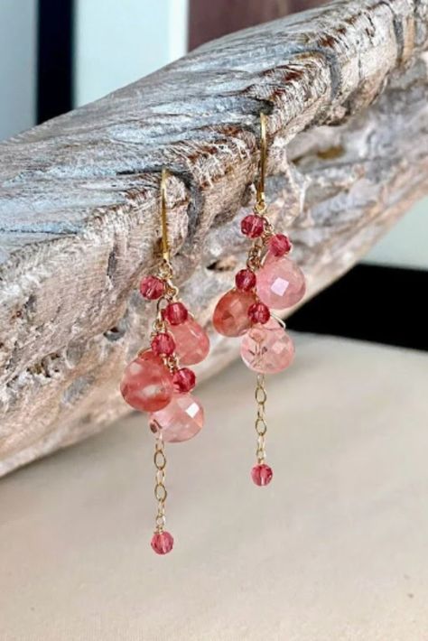 Pink Gemstone Dangle Jewelry, Pink Crystal Dangle Earrings With Ear Wire, Handmade Pink Crystal Earrings, Handmade Pink Teardrop Crystal Earrings, Handmade Pink Crystal Drop Earrings, Cluster Jewelry, Indian Pink, Cherry Quartz, Red Quartz