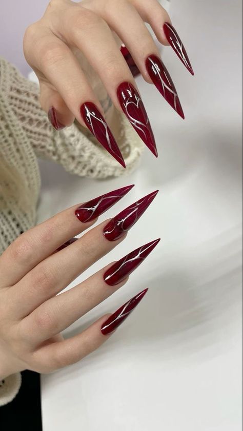 Red Nails Ideas Simple, Simple Long Nails, Red Stiletto Nails, Red Ombre Nails, Maroon Nails, Hello Nails, Punk Nails, Edgy Nails, Goth Nails