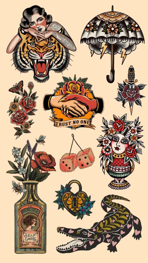 #tattoo #tattoos #tattooinspo #flashsheet #traditional #vibes Trad Tattoo Flash Sheet, Women’s Tattoo American Traditional, German Style Tattoo, Old Fashioned Tattoo Ideas, Traditional American Tattoo Art, American Traditional Lotus Tattoo, American Style Tattoo Traditional, Flash Art Tattoos Men, Traditional Neck Tattoos Women