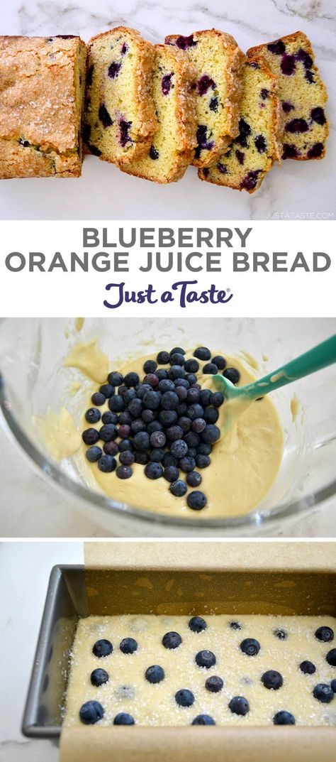 The base of this quick bread recipe is loaded with tangy citrus flavor courtesy of nearly a cup of orange juice, which pairs beautifully with fresh berries and provides intense moisture. | Blueberry Orange Juice Bread recipe from justataste.com #blueberryrecipes #blueberrybread #orangejuicerecipes #quickbreadrecipes #justatasterecipes Recipes To Use Up Orange Juice, Fresh Blueberry Bread, Recipes With Fresh Orange Juice, Baking With Orange Juice, Blueberry Orange Bread, Recipes That Use Orange Juice, Blueberry Orange Cake, Uses For Orange Juice, Recipes Using Orange Juice