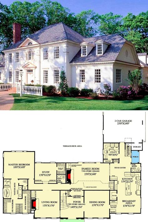 The full floor plan and blueprint home layout of a beautiful 4 bedroom, 4.5+ bathroom, 4204 sq ft 2 story traditional Colonial house plan. Southern style room interior design and colonial home decor ideas included! Featured is the simple yet beautiful exterior architectural style with a classic farmhouse look. #2story #houseplans #floorplans #blueprints #homelayout https://www.architecturaldesigns.com/house-plans/tradition-at-its-best-32503wp?cjevent=875a4ca795e411ea81ac00a20a180510 5 Bedroom Colonial House Floor Plan, Colonial House Layout Home Plans, 4 Bedroom House Plans Traditional, Colonial House Interior Floor Plans, Colonial Floor Plans Traditional, Colonial Revival Floor Plan, Back Of Colonial House, Classic Colonial House Plans, House Plans Colonial Farmhouse