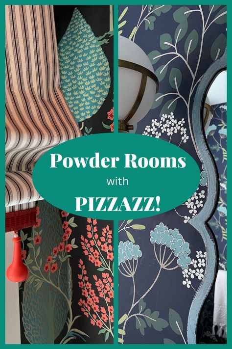 2 Farmhouse Powder Rooms with Pizzazz...These two examples from a recent project contain the key ingredients that will take your powder room to the next level! Powder Room Wallpaper Dramatic, Wall Murals For Powder Room, Grey Powder Room Wallpaper, Powder Room Wallpaper Bold Modern, Colorful Powder Room Wallpaper, Colored Bathroom Vanity Ideas, Work Bathroom Ideas, Master Closet Wallpaper Ideas, Small Dramatic Powder Room