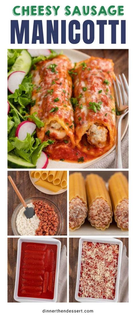 Cheesy Sausage Manicotti is stuffed with Italian pork sausage and ricotta cheese then topped with marinara sauce and melty mozzarella cheese. Manicotti For Two, Manicotti With Ricotta Cheese, Sausage Cannelloni Recipes, Sausage And Ricotta Stuffed Manicotti, Ground Beef Stuffed Manicotti, Sausage Stuffed Manicotti Recipe, Italian Sausage Stuffed Manicotti, Manicotti Recipe Beef, Manicotti Recipe Sausage