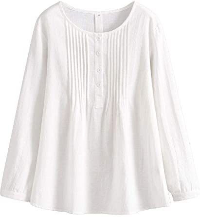 Minibee Women's Scoop Neck Pleated Blouse Solid Color Lovely Button Tunic Shirt at Amazon Women’s Clothing store Leggings Wide Leg, Coffee Date Outfits, White Linen Top, Linen Tops, Linen Top Women, Fall Blouse, Shirt Casual Style, Pleated Blouse, Date Outfits