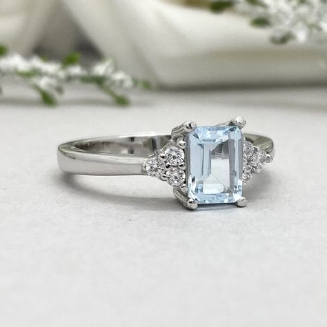 14K Solid White Gold Emerald Cut Aquamarine Ring 1.00Ct Natural Aquamarine Round Simulated Diamond Engagement Wedding Promise Ring by xoxojewelryshop on Etsy Emerald Cut Aquamarine Ring, Aquamarine Ring Vintage, Small Engagement Rings, Peridot Engagement Rings, Sparkly Ring, Diamond Cluster Engagement Ring, Simulated Diamond Rings, Wedding Promises, Art Deco Diamond Rings