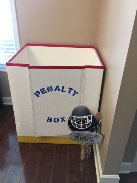 Made this penalty box photo booth for my Daughters hockey themed birthday party Penalty Box Hockey, Hockey Penalty Box Diy, Hat Trick Hockey Birthday, Girls Hockey Birthday Party, Street Hockey Birthday Party, Nhl Birthday Party, Nhl Theme Birthday Party, 40th Birthday Hockey Theme, Hockey Trunk Or Treat Ideas