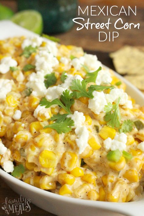 Mexican Street Corn Dip -- 4 oz cream cheese, softened to room temperature 1/4 cup sour cream 1/4 cup mayo 1 teaspoon ground cumin 1/2 teaspoon chili powder 1/4 teaspoon salt 1/4 teaspoon pepper 3 Tablespoons butter 2 cloves of garlic, minced 1 jalapeno pepper, seeds and stem removed, finely diced 3 cups of corn (you can use canned, off cob or frozen) 1/4 cup of fresh cilantro, chopped and divided 1/2 cup cotija cheese, divided Mexican Corn Dip, Street Corn Dip, Mexican Street Corn Dip, Mexican Street Corn Recipe, Street Corn Recipe, Corn Dip Recipes, Mexican Appetizers, Fresh Meals, Corn Dip