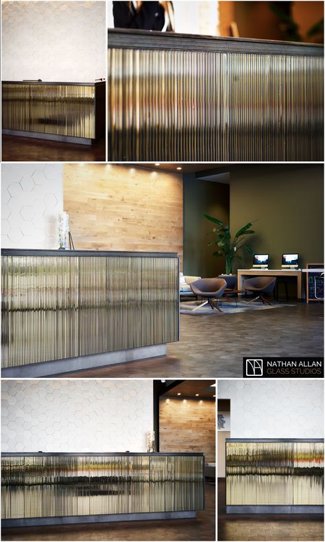 Ideally designed for Façade applications, our Channel Bronze Silvered 🔶 Glass is perfect for Wall applications behind front lobby registration desks, and on the front bar dies of the desk itself. .  Thickness 3/8” (10mm) Dimensions 68″ x 42″ (1727mm x 1067mm)   #glass#thickglass#desk #deskgoals #interiordesign#interiordesigners#interiordesignideas#interiordesigns#channel #interiors#architecture#architecturalproducts#office #officedesign #wall #tabledesign#facade Front Bar Design, Behind Bar Wall Ideas, Bar Front Design, Glass Reception Desk, Glass Reception, Lawyer Office Design, Lobby Desk, Wall Applications, Wired Glass