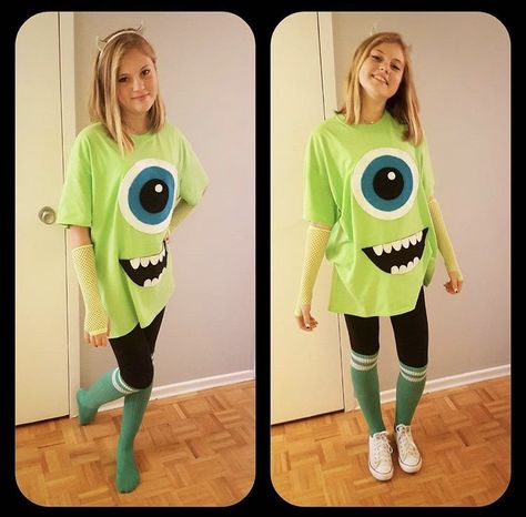 Monsters In Diy Costumes, Halloween Costumes Mike Wazowski, Mike Wazowski Diy Shirt, Cute Mike Wazowski Costume, Diy Mike Wazowski Costume Shirts, Disney Costume Ideas For Women Easy Diy, Easy Monster Costume, Diy Monster Costume Women, Easy Disney Halloween Costumes For Women