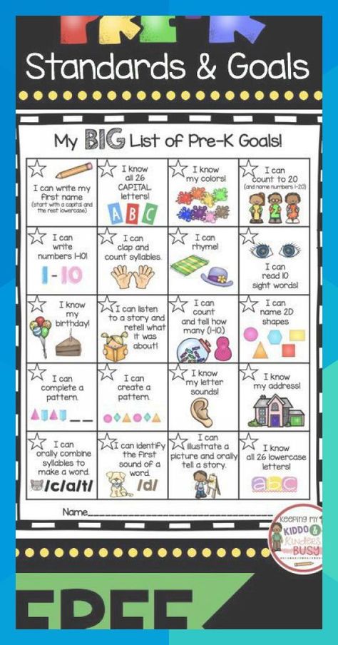 PRE-K GOALS - free printable chart to monitor goals and progress - leadership - smart goals #prek… | Kindergarten lessons, Preschool lessons, Kindergarten learning Preschool Setup, Goals Chart, Preschool Director, Student Gift Ideas, Preschool Assessment, Ready For Kindergarten, Preschool Prep, Homeschool Preschool Curriculum, Homeschooling Preschool