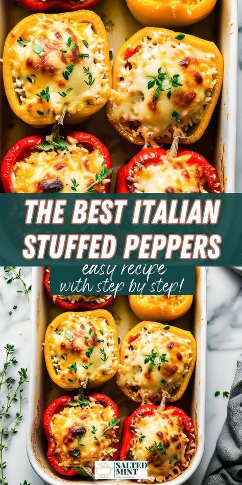 Make these Italian stuffed peppers with rice, beef or Italian sausage, and mozzarella cheese. Ideal for easy stuffed peppers and family dinner ideas using sweet bell peppers. Stuffed Bell Peppers Ground Sausage, Hawaiian Pizza Stuffed Peppers, Stuffed Pepper Dinner Ideas, Italian Bell Peppers Stuffed, Stuffed Bell Peppers Freezer Meal, Stuffed Bell Peppers For 2 People, Stuffed Bell Peppers With Tomato Soup, Stuffed Bell Peppers With Sweet Italian Sausage, Meatball Stuffed Peppers