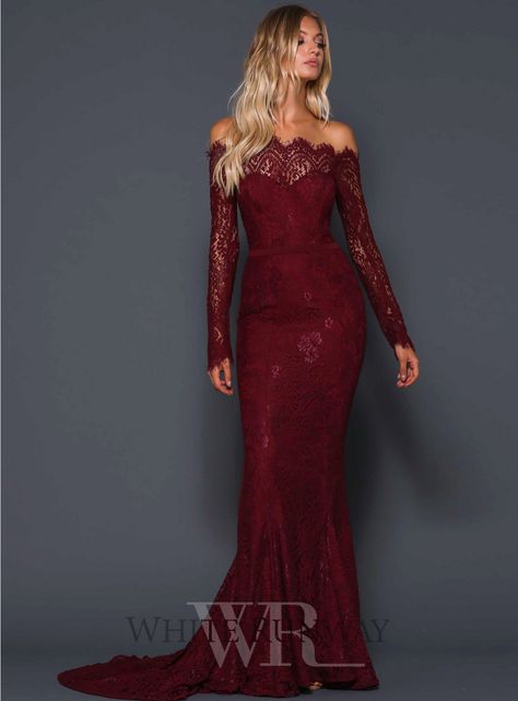 Wine Serine Gown. A beautiful full length dress by Elle Zeitoune. A delicate lace style featuring long sleeves and off the shoulder scalloped neckline. #wedding #whiterunway #ellezeitoune #redcarpet #bridesmaid Burgundy Wedding Dress, Burgundy Formal Dress, Silver Cocktail Dress, Burgundy Dresses, Long Sleeve Prom, Burgundy Bridesmaid Dresses, Burgundy Lace, Wedding Dress Trends, Mothers Dresses