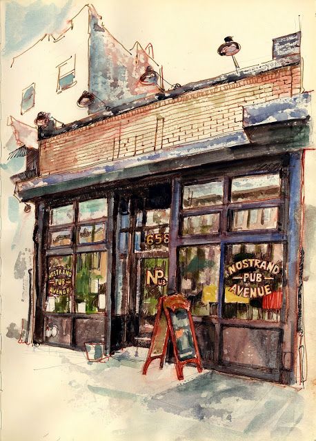 Two from Nostrand. #Watercolor #Painting #Art Architecture Minimalist, Painting Creative, Travel Sketches, 수채화 그림, Urban Sketchers, Minimalist Painting, Urban Sketching, Art Architecture, Store Front