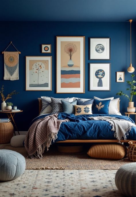 Blue Boho Girls Bedroom Navy Bedroom Aesthetic, Navy Boho Bedroom, Boho Girls Bedroom Ideas, Blue Boho Bedroom Ideas, Blue Boho Bedroom, Blue Teen Girl Bedroom, Boho Girls Bedroom, Girls Boho Bedroom, Navy Bedrooms