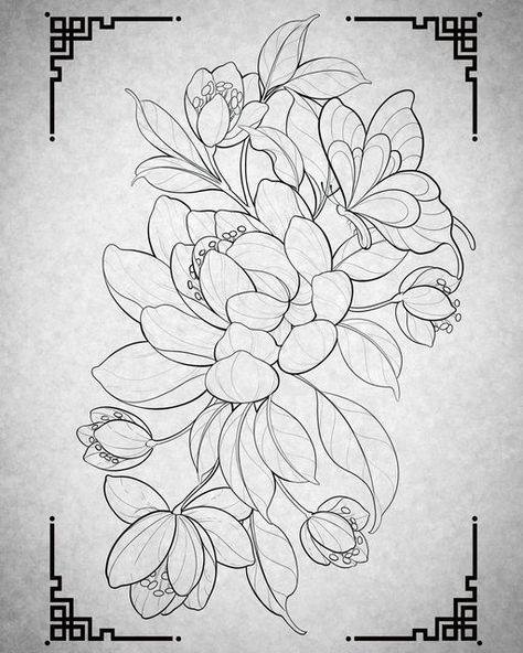 Flower Sleeve Tattoo Stencil, Neotraditional Flower Tattoo, New Tattoo Styles, Tattoo Colour, Fleurs Art Nouveau, Brighton Tattoo, Small Dragon Tattoos, Japanese Flower Tattoo, Rose Drawing Tattoo