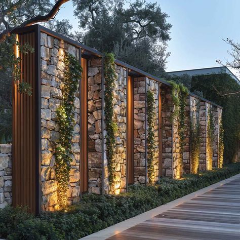 Dynamic Duo of Wood and Stone in Compound Wall Designs • 333k+ Inspiring Lifestyle Ideas & Images Classic House Interior Design, Stone Walls Garden, Garden Wall Designs, Compound Wall Design, Building Design Plan, Labyrinth Design, Compound Wall, Stone Wall Design, Outdoor Restaurant Design