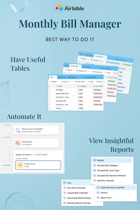 Airtable Monthly Bill Manager examples of tables, automation, and reports Airtable Template, Monthly Bill, Money Hacks, Financial Planning, Stay Organized, Money Tips, Staying Organized, Planner Template, Budgeting