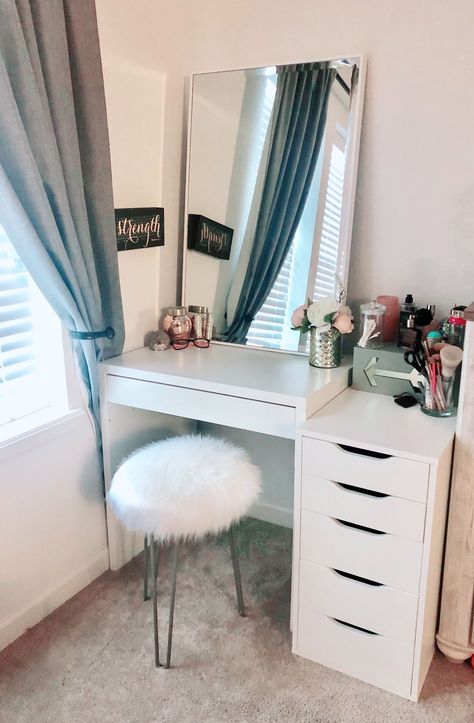 Ikea Micke Desk And Alex Drawers, Small Ikea Vanity Ideas, Ikea Micke Desk Vanity Ideas, Vanity With Stool, Stool For Desk, Teen Vanity Desk, Ikea Bedroom Ideas For Women, Mirror Desk Bedroom, Micke Vanity