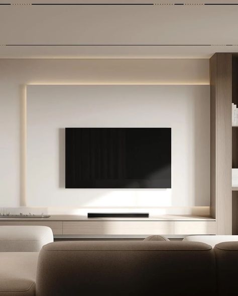 Do you love this space? 😍 - Follow @zenqarchitecture for more!👈🏻 - By @_mora_design_studio_ Quiet Luxury Interior Design Living Room, Tv Area Decor, Ambient Bedroom, Contemporary Minimalist Living Room, Modern Minimalist Living Room Minimalism, Tv Wall With Fireplace, Tv Zone, Luxury Interior Design Living Room, Japan House Design