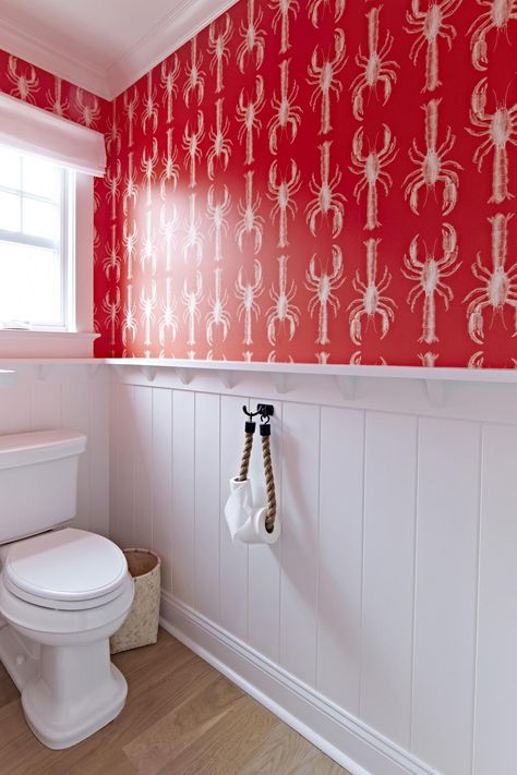 HGTV presents a lovely, coastal bathroom with a lobster print wallpaper in red and white. Lobster Wallpaper, Coastal Bungalow, Cottage Wallpaper, Nautical Bathroom, Coastal Bathroom, Beach Bathroom, Nautical Bathrooms, Red Cottage, Beach Bungalow