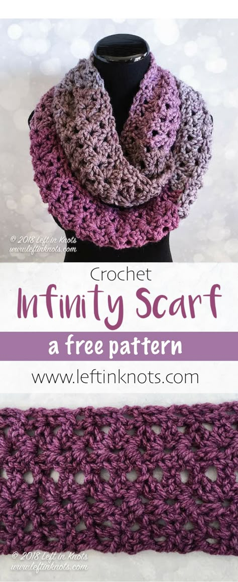 This free crochet pattern is warm enough for winter. But the lace and shades of violet will have you thinking spring! It takes just one skein of Caron Tea Cakes or approx. 204 yards of your favorite Super Bulky Weight (Category 6) yarn. Lion Brand Wool Ease Thick and Quick would work well too! I hope you enjoy the Frosted Berry Infinity Scarf #crochet #freecrochetpattern #caroncakes #leftinknots Crochet Infinity Scarf Pattern, Crochet Cowl Free Pattern, Crocheted Scarves, Infinity Scarfs, Infinity Scarf Pattern, Crochet Cowls, Crochet Cowl Pattern, Crochet Scarf Pattern Free, Confection Au Crochet