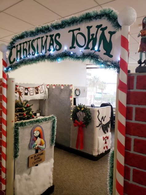 Christmas town sign, cubicle  decorating contest. Workstation Christmas Decorations, Christmas Movie Cubicle Decorations, Nightmare Before Christmas Desk Decor, Christmas Cubicle Decorations Contest Ideas, Christmas Town Nightmare Before Christmas, Nightmare Before Christmas Office Decorations, Nightmare Before Christmas Cubicle Decor, Break Room Christmas Decorations, Cubicle Christmas Decor Ideas