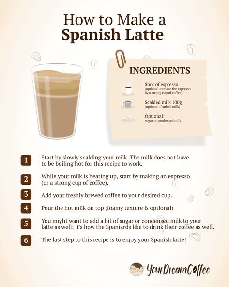 How To Make Latte At Home, How To Make Coffee At Home, At Home Latte Recipes, How To Make Espresso, How To Make A Latte At Home, Latte Recipes At Home, Spanish Latte Recipe, Spanish Coffee Recipe, Coffee Latte Recipe