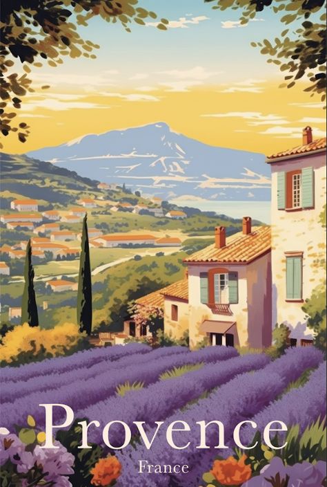 Evoke the rustic charm and tranquil beauty of Southern France with this Provence travel poster. Ideal as a large wall art piece, it highlights the picturesque French countryside and vibrant lavender fields, making it a stunning addition to any French home decor. Available in three generous sizes, this framable Provence print transports you to a world of rustic elegance. Southern France Aesthetic, Provence Aesthetic, Provence Travel, France Poster, French Wall Art, Field Art, Large Framed Art, Travel Poster Design, Vintage Poster Design