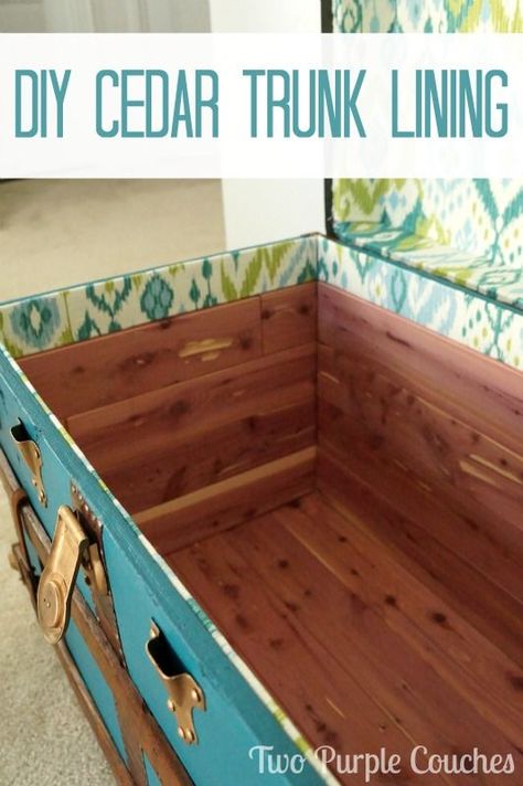 Follow this step-by-step DIY cedar lining tutorial to repurpose a vintage trunk or make your own cedar chest. Perfect for storing clothes, quilts, blankets and more, or just as a unique piece of furniture for your decor! via www.twopurplecouches.com Old Trunk Redo, Steamer Trunk Makeover, Trunk Redo, Antique Trunk Restoration, Trunk Makeover, Vintage Trunk, Cedar Planks, Old Trunks, Antique Trunk