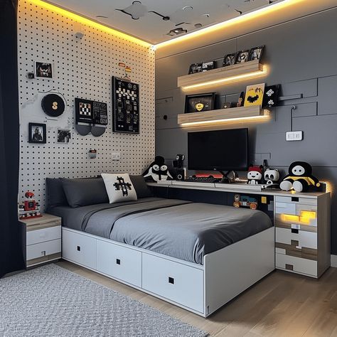 40 Epic Cool Gaming Bedroom Ideas for Kids  - In The Playroom Kid Gamer Bedroom, Ps5 Room Ideas, Boy Bedroom Led Lights, Teen Boys Gamer Bedroom Ideas, Small Bedroom For Teen Boy, Small Gaming Bedroom Ideas Boys, Kids Gaming Bedroom Ideas Boys, 10 Year Boy Room Ideas, Kid Boy Bedroom Ideas