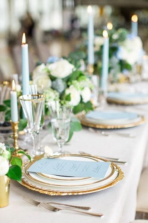 Blue Place Settings, Gold Place Setting, Baby Blue Weddings, Aquamarine Wedding, Chic Vintage Brides, Blue Wedding Inspiration, Dusty Blue Weddings, Long Table, Wedding Table Settings