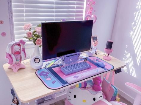 Pink And Purple Gaming Setup, Purple Gaming Setup, Pastel Bedroom Ideas, Pc Setup Aesthetic, Pink Gaming Setup, Aesthetic Gaming, Purple Desk, Purple Aesthetics, Bedroom Makeovers