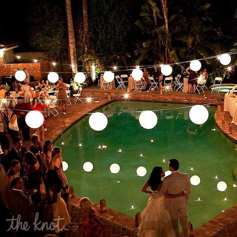 Backyard Wedding Pool, Pool Wedding, Bistro Lights, Summer Wedding Outdoor, Pool Birthday Party, Pool Decor, Floating Candles, Wedding Gallery, Paper Lanterns