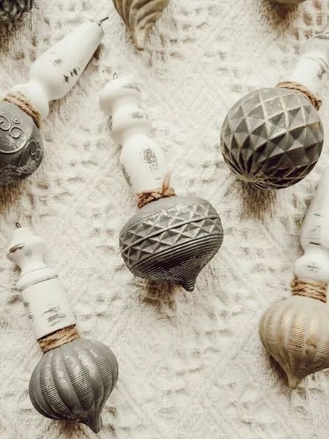 How to Make Faux Vintage Christmas Ornaments DIY | Hometalk Decorating With Old Spindles, Wooden Spindle Ornaments, Spindle Ornaments Diy, Antique Christmas Ornaments Diy, Christmas Crafts With Spindles, Redo Old Christmas Ornaments, Vintage Wooden Ornaments, Finials Ideas Diy, Diy Textured Ornaments