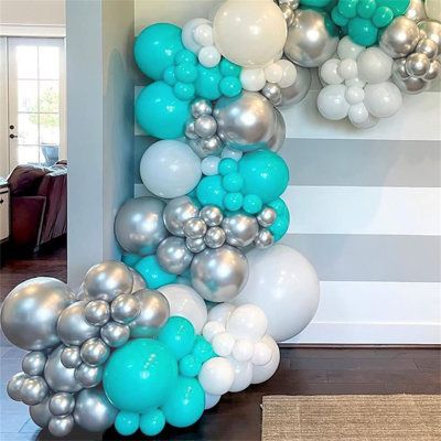 NON-TOXIC LATEX BALLOONSoThese tiffany blue balloons,matte white balloons,Golden metal balloons assorted are made of high latex quality material. it is non-toxic and not easy to pop. They are safe to be used and played around children. | WPENGW Tiffany Balloons Aarch Garland Kit 94 Balloons w/ Balloon Strip Tape Balloon Dot For Backdrop Birthday Decoration, Baby Shower, Wedding | MENH4253 | Wayfair Canada Tape Balloon, Ribbon Balloon, Teal Balloons, Tiffany Birthday, Balloons Arch, Plastic Party Plates, Backdrop Birthday, Floral Balloons, Balloon Ribbon