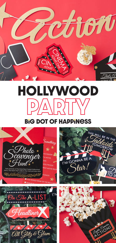 Hollywood party decor, games, and favors for Old Hollywood glam award show party theme. Hollywood Party Diy, Hollywood Nights Theme Party, Red Carpet Prom Theme, Hollywood Party Games, Hollywood Red Carpet Party, Hollywood Theme Party Decorations, Red Carpet Theme Party, Popcorn Favor, Red Carpet Theme