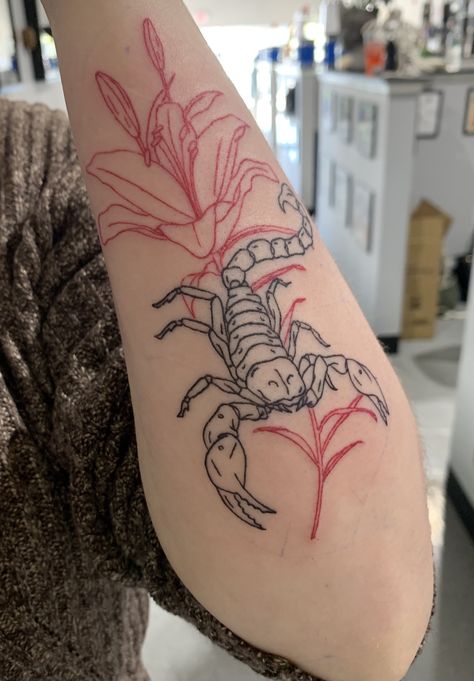 Red Tattoo Over Black, Red And Black Linework Tattoo, Black And Red Tatooes, Red And Black Scorpion Tattoo, Red And Black Tattoo Patchwork, Overlay Tattoo Red And Black, Red Over Black Tattoo, Black And Red Line Tattoo, All Red Tattoo Sleeve