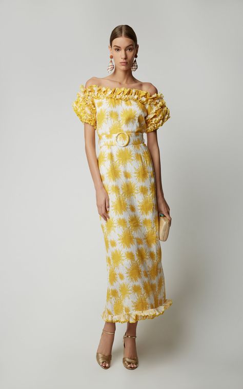 Ruffled Printed Off-The-Shoulder Midi Dress by GÜL HÜRGEL Now Available on Moda Operandi Yellow Off The Shoulder Dress, Gul Hurgel, White Smocked Dress, Blossom Dress, Lover Dress, Vintage Red Dress, Yellow Sea, Navy Blue Bridesmaid Dresses, Fashionable Dresses