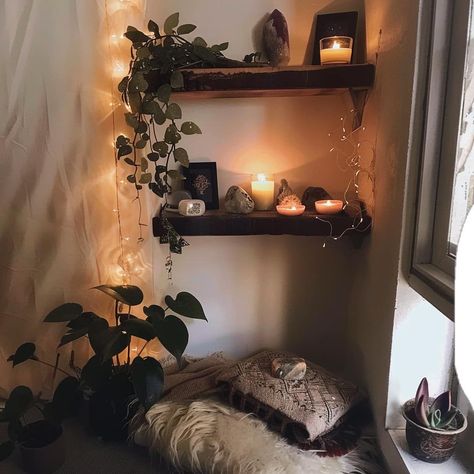 Shelf Altar Ideas, Spiritual Bedroom Aesthetic, Crystal Altar Sacred Space, Spiritual Office, Small Meditation Space, Silversmith Studio, Altar Ideas Sacred Space, Shelf For Crystals, Spiritual Bedroom