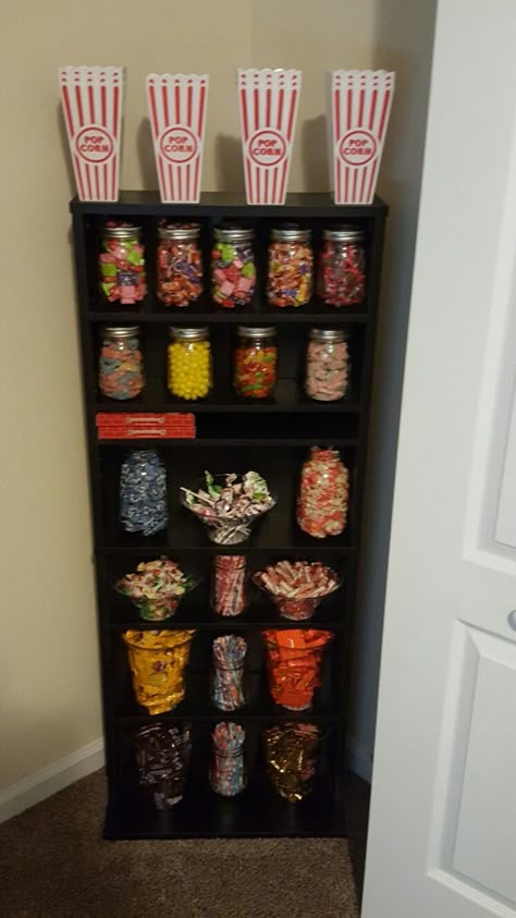 Movie Candy Bar Home Theaters, Candy Shelf Display, Candy Station Ideas For Home, Candy Display Ideas Home, Candy Storage Ideas Organizing, Candy Bowl Ideas Home, Movie Shelf Ideas, Snack Shelf Ideas, Home Candy Bar